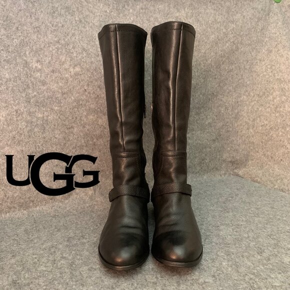 UGG Australia 3184 Women's Black Leather Knee High Side Partial Zip Boots - Picture 1 of 15